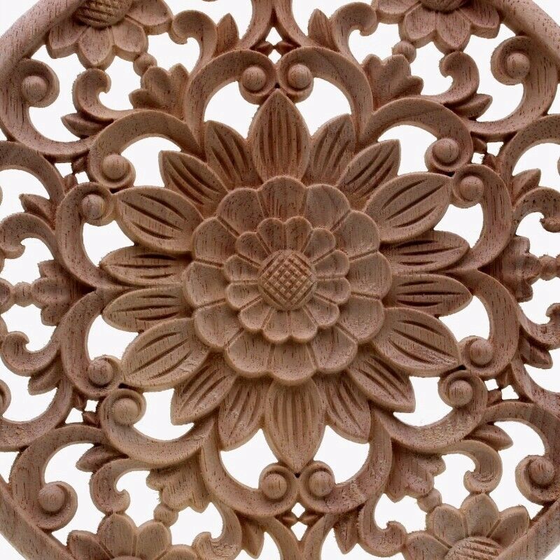 Carved Flower Carving Round Wood Appliques For Furniture Cabinet Unpainted WooF3