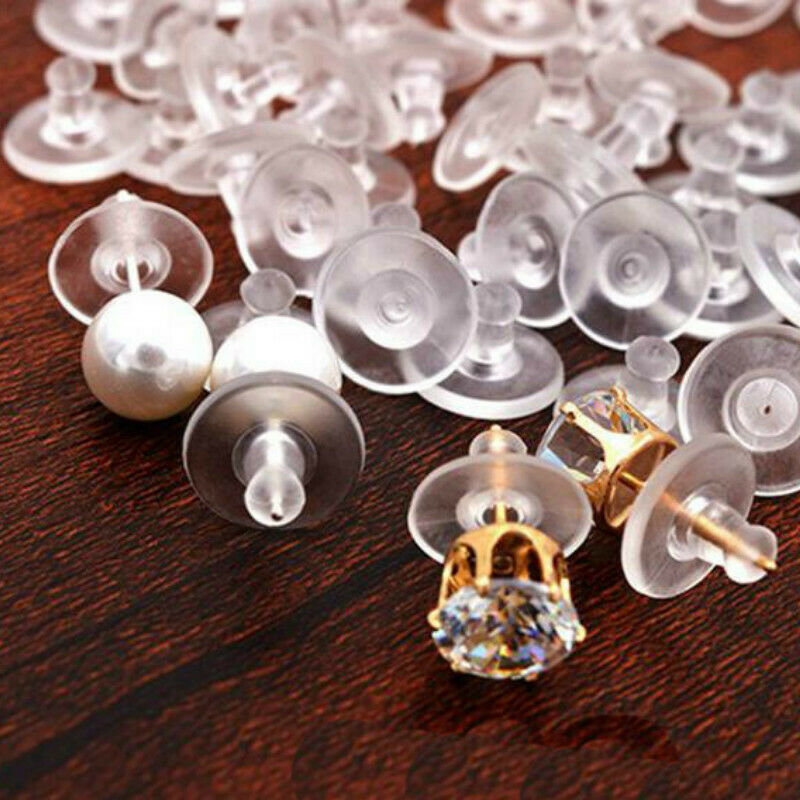 100Pcs Plastic Earring Plugging Stopper Holders Rubber Blocked Transparent Clear