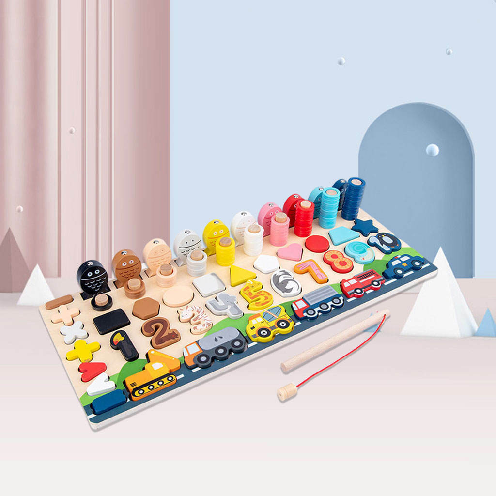 Wood Number Puzzle Shape Match Pegs Board Counting Sorting Fishing Game Early