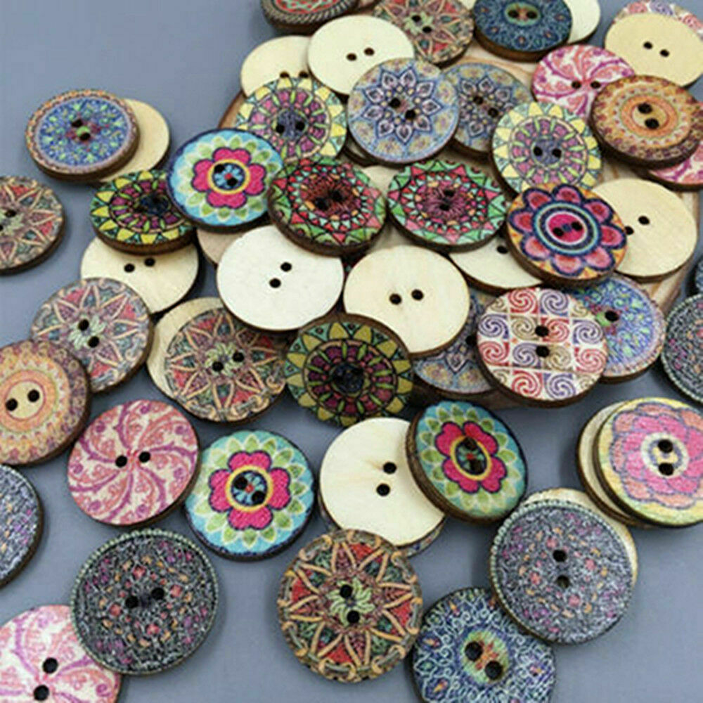 50X 2 Holes Mixed Boho Flower Wooden Button Sewing Scrapbooking DIY Craft 25MM