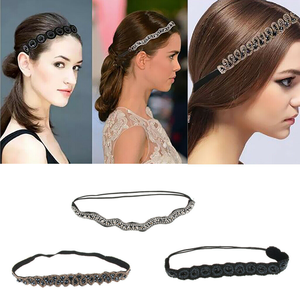 3x CRYSTAL DIAMANTE BEADED HEADBAND  WEDDING BRIDAL ELASTIC HAIR BAND
