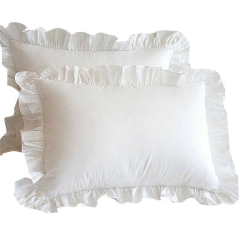 2Pcs White Pillowcase Bedding Cotton Solid Ruffle Pillow Sham Princess EuropeaK7