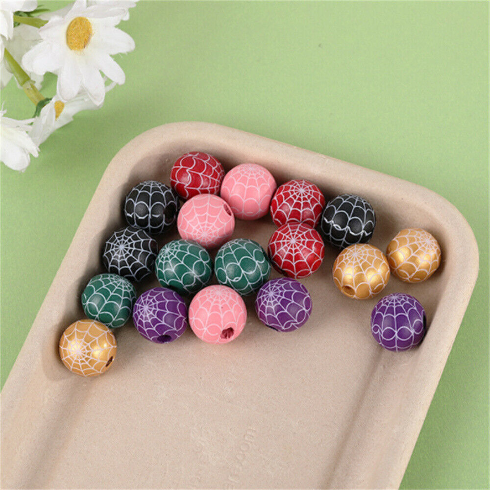 20 Mix Halloween Spider Web Printed Round Beads Wood For Jewelry DIY Crafts 16mm