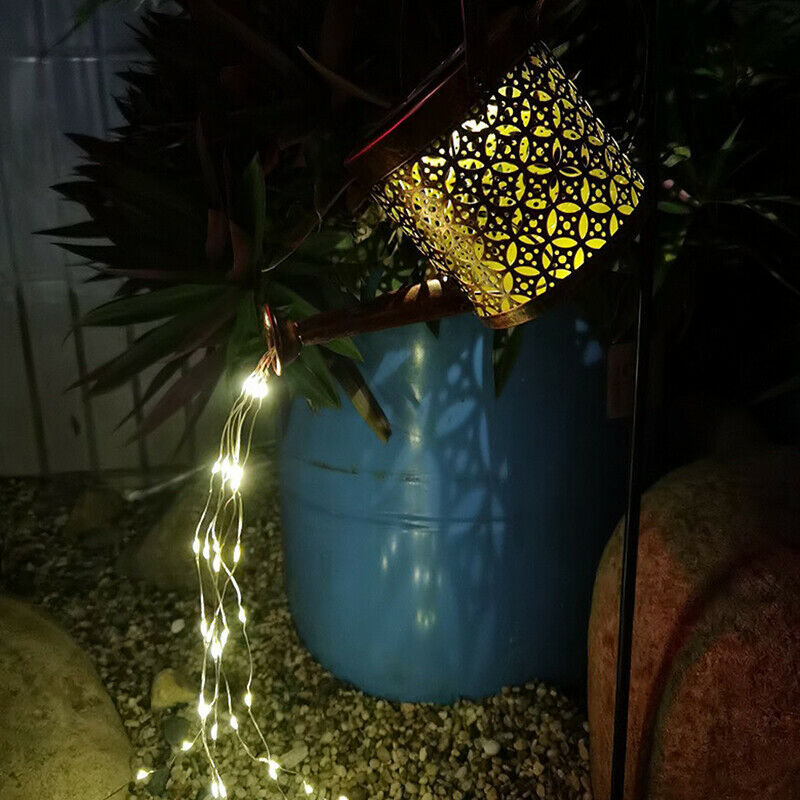 Iron Hollow Out Lamp Metal Solar Powered Watering Can Sprinkles Fairy Li KX