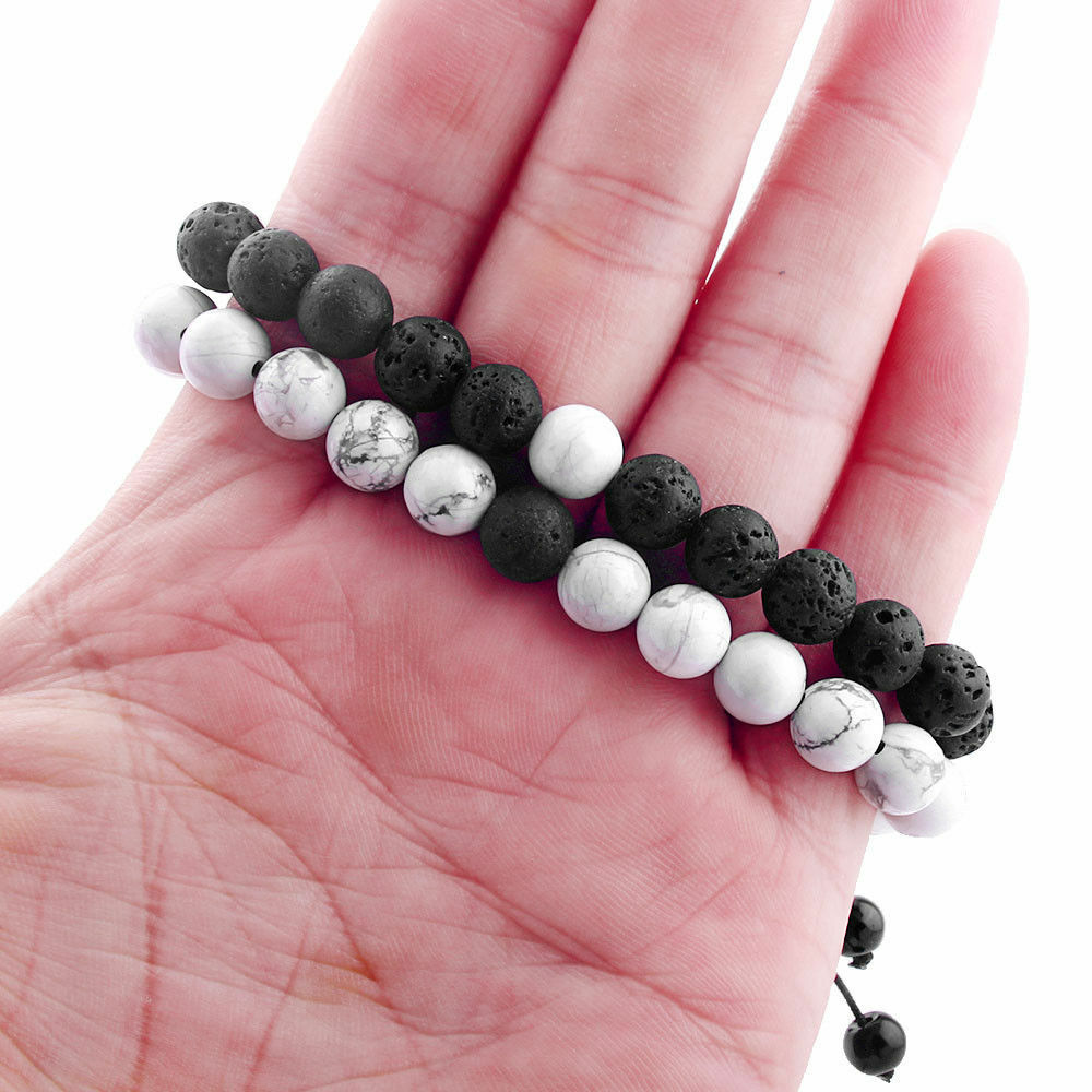 Distance Braided Bracelet Relationship Jewelry Natural Black/White Stone 2PCS