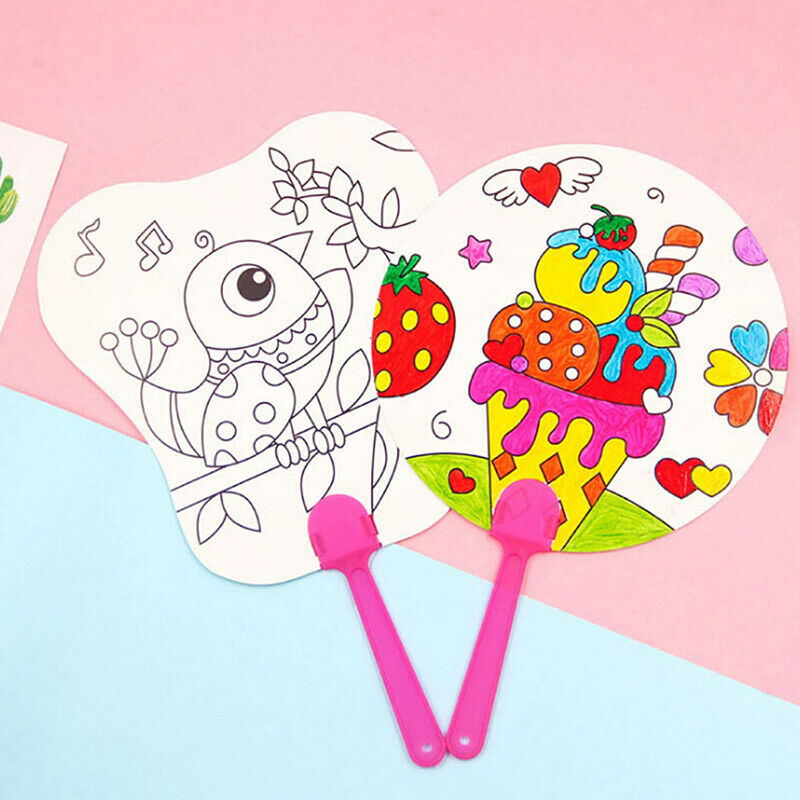 1Pc DIY kids coloring cartoon hand fan craft kindergarten drawing toys .l8