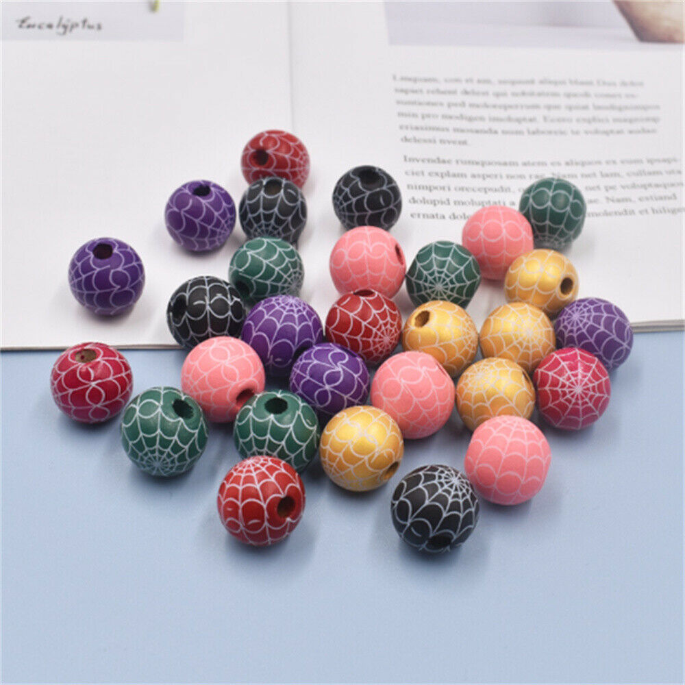 20 Mix Halloween Spider Web Printed Round Beads Wood For Jewelry DIY Crafts 16mm