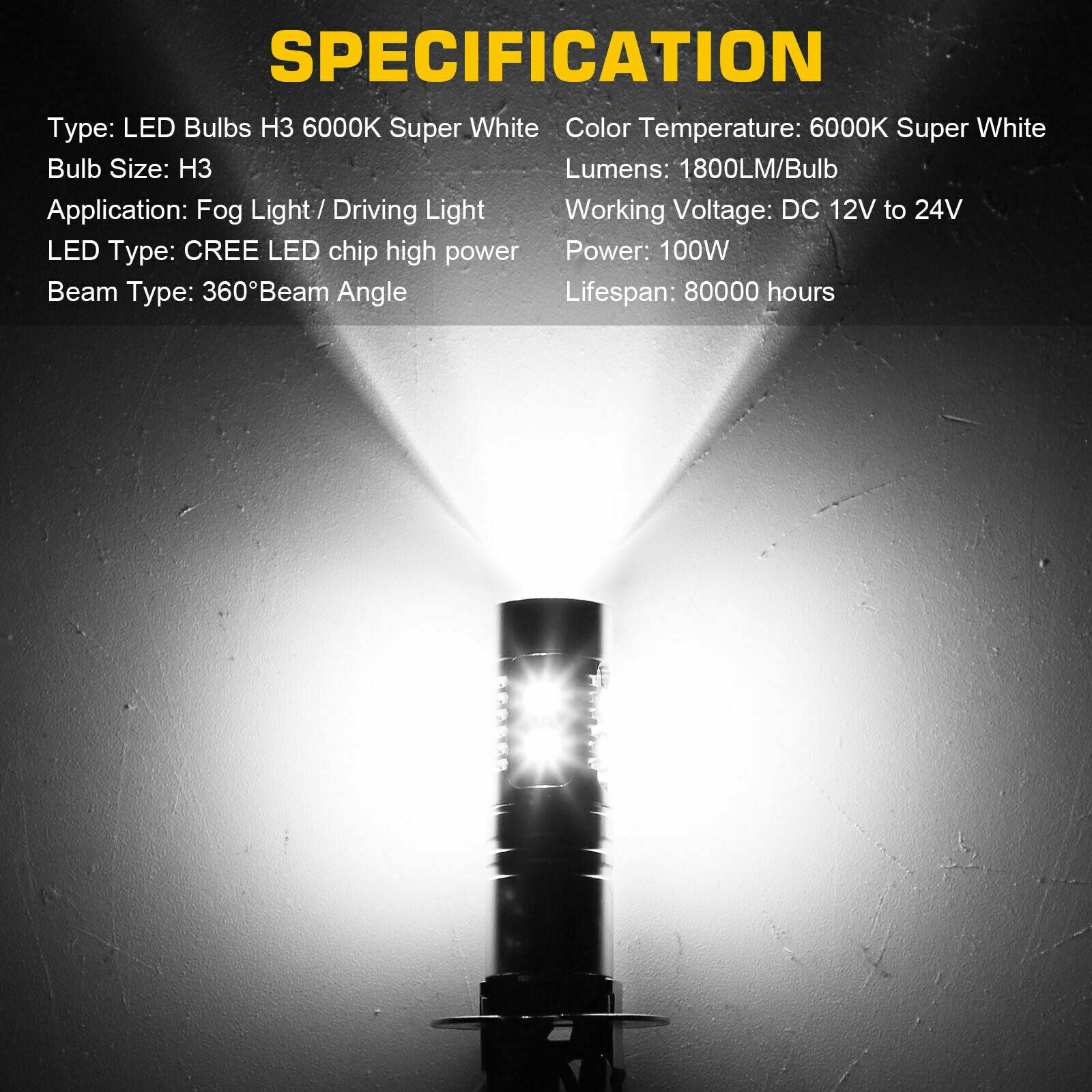 H3 CREE LED Fog Light Bulbs Conversion Kit Super Bright Canbus 6000K White 100W