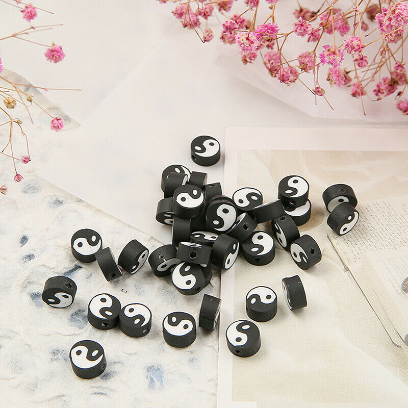 50pcs10mm Black Tai Chi Design Polymer Clay Spacer Loose Beads for JewelryY DF