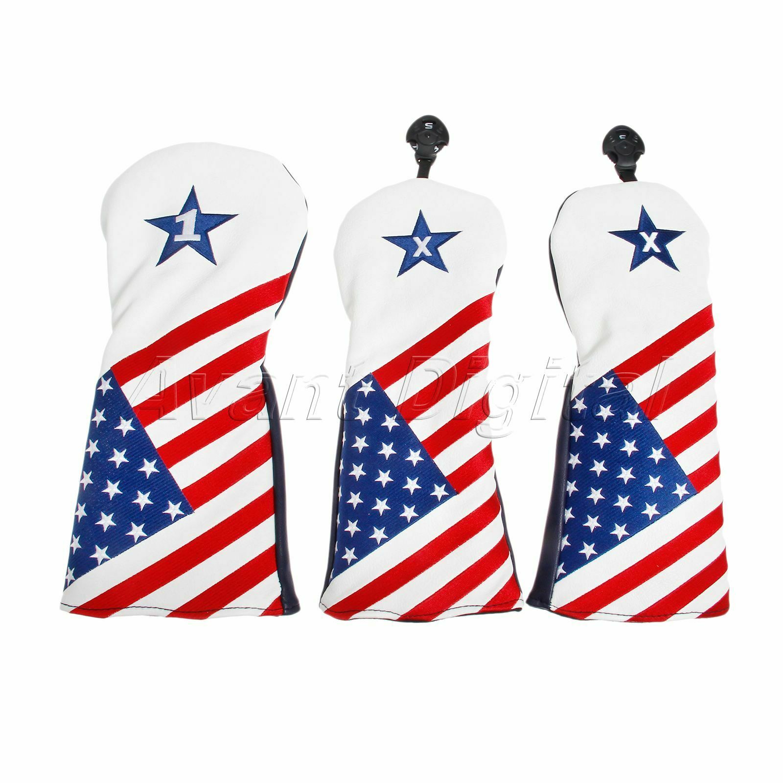 3Piece Golf Putter Iron Headcover Mallet PU Leather American Flag Protector