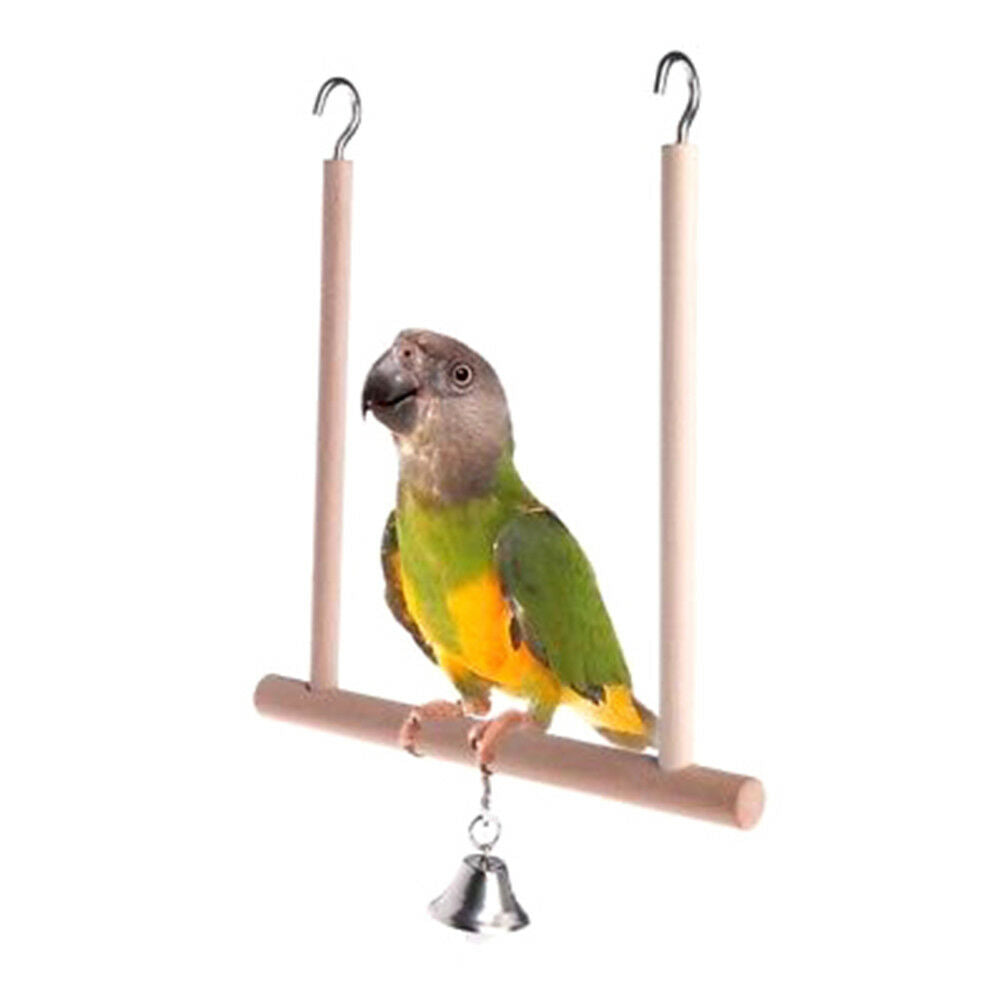 Birds Perch Parrot Play Toys Stand Holder natural Wooden Swing Bell Cage H.l8