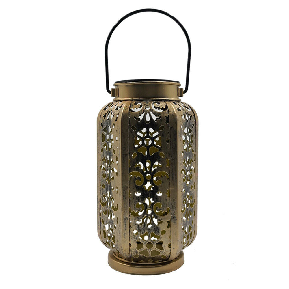 LED Solar Lamps Metallic Hollow Lantern Hanging Light Outdoor Garden Decor @