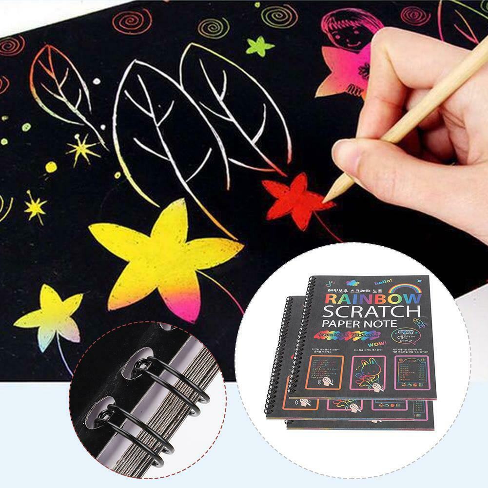 3Pcs Scratch Notes Books Set Scratch Doodle Art Rainbow Paper Card Wooden Pen