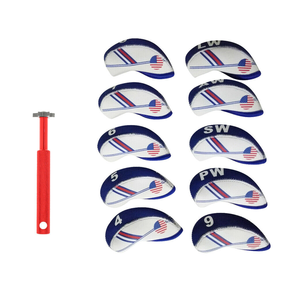 Set Of 10Pcs Golf Club Iron Headcover Protective Case + Golf Sharpener