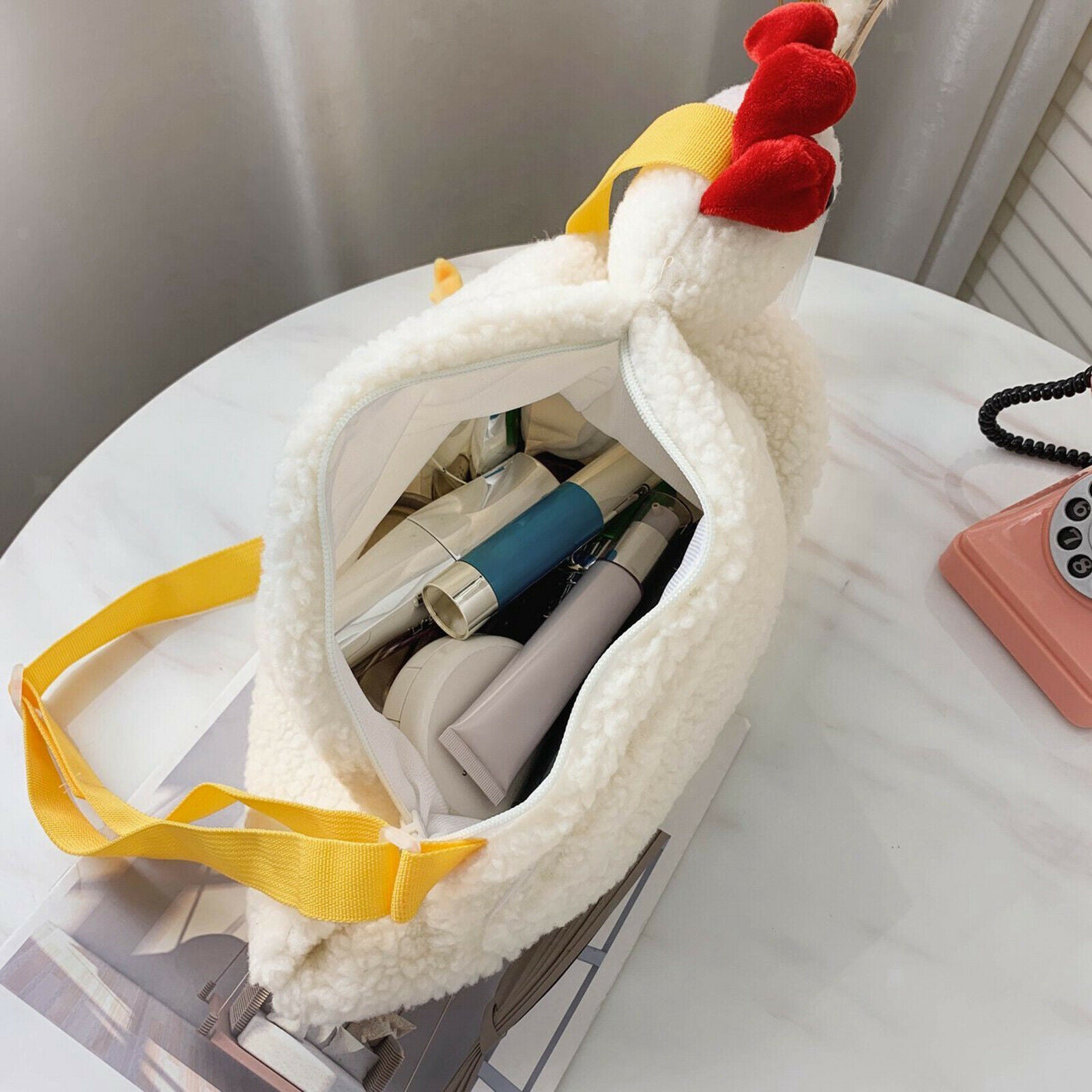 Women faux fur tote bag shoulder bag cartoon chicken plush handbag