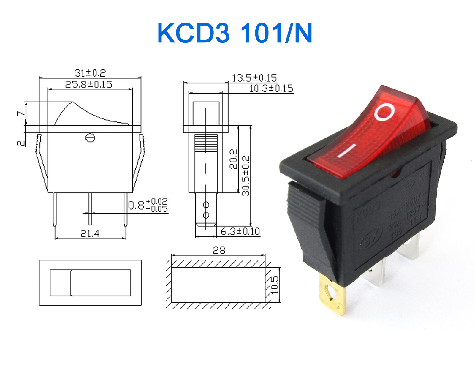 12x KCD3 Red Button On-Off 3Pin DPST Boat Car Rocker Switch 15A\20A 250V\125VAC