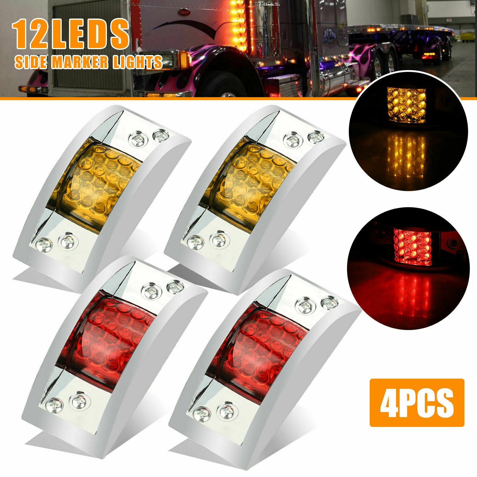 4X 12 LED 12V Yellow+Red Sealed Chrome Side Marker Truck Trailer Clearance Light