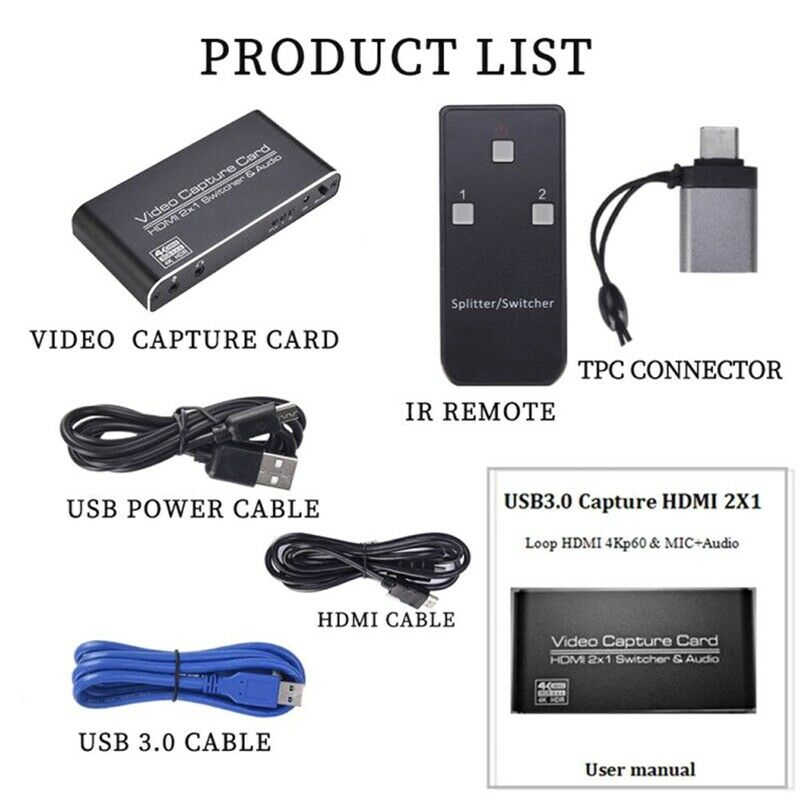 1080P USB3.0 Capture Card MI 2X1 Loop MI 4Kp60 & MIC Audio Capture Card Game N9