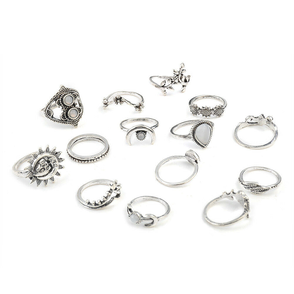 14 PCS/set BOHO Moon & Sun Knuckle Opal Finger Ring Leaf Flower Midi Rings HS67