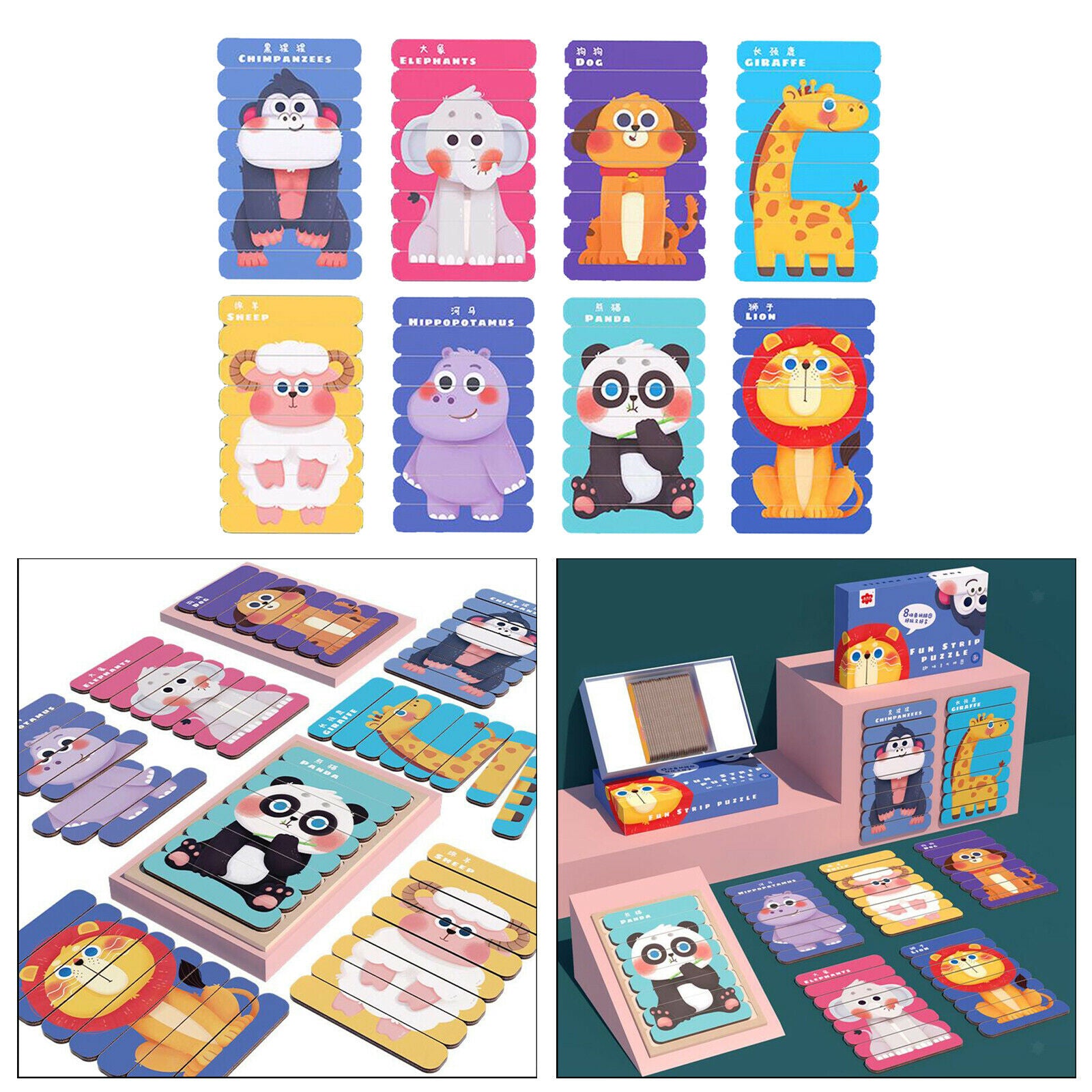 8 Patterns Wooden Puzzle Baby Kids Jigsaw Animal DIY Learning Stacking Toys