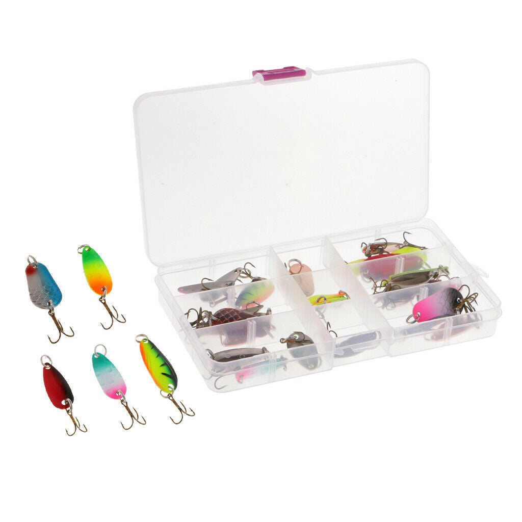 30pcs Metal Spoon Bait Bass Trout Salmon Fishing Lure Treble Hooks 3 Sizes