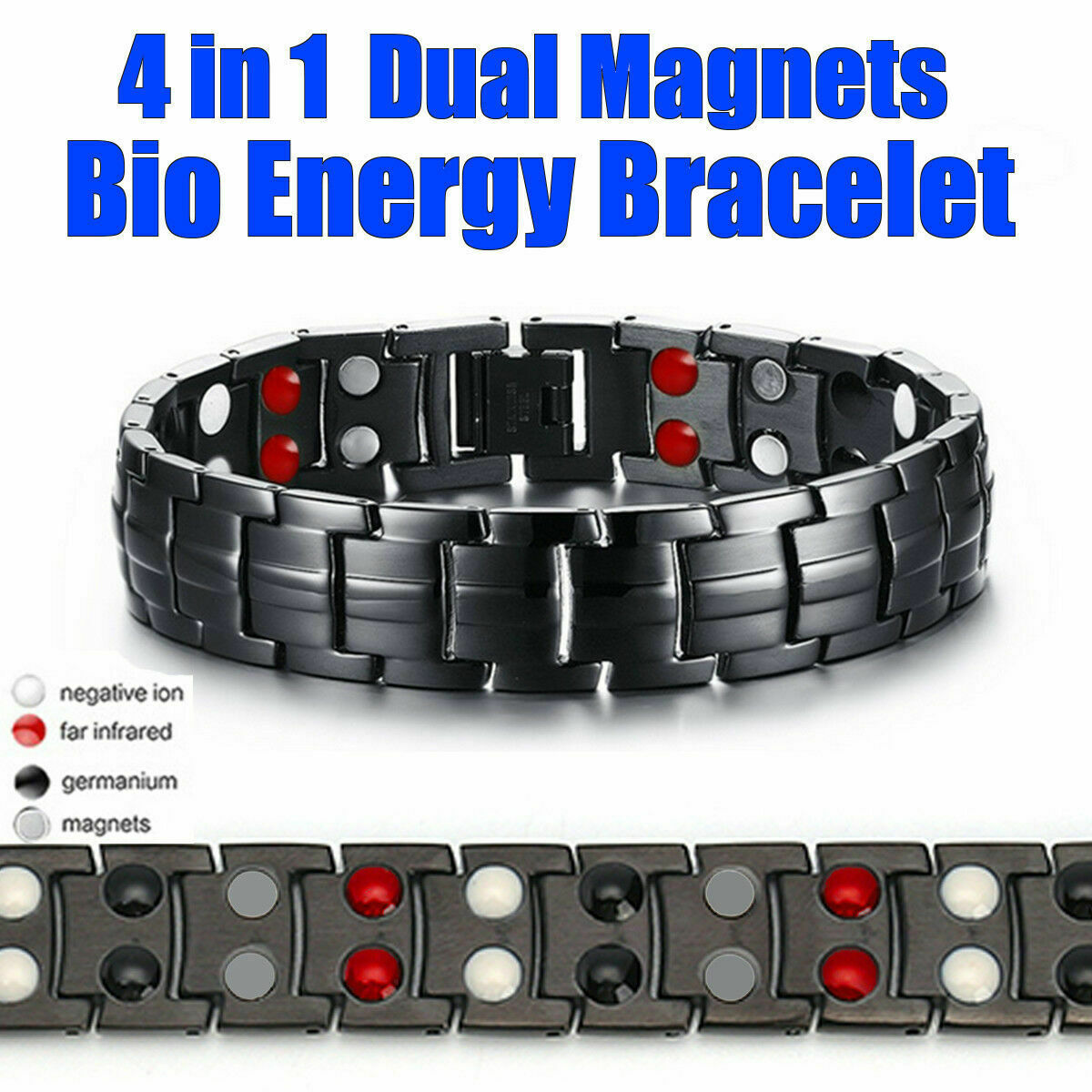 4 in 1 Men Titanium Magnetic Energy Germanium Armband Bracelet Health Bio Black