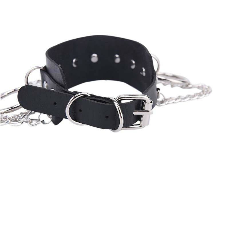 Black Leather Choker Metal Ring Chain Necklace Collar Handmade Goth Punky3BDAU