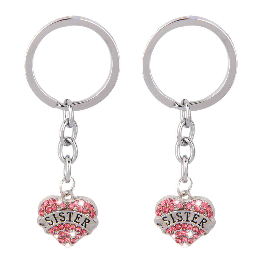 2x Pink Diamante Crystal Heart Pendant Sister Keychain Key Chain Xmas Ring Gift