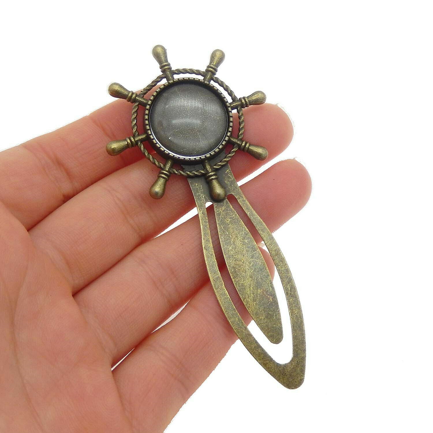 2 sets Antiqued Bronze Metal Bookmark Rudder Blank Bezel with Glass Cameo 18mm
