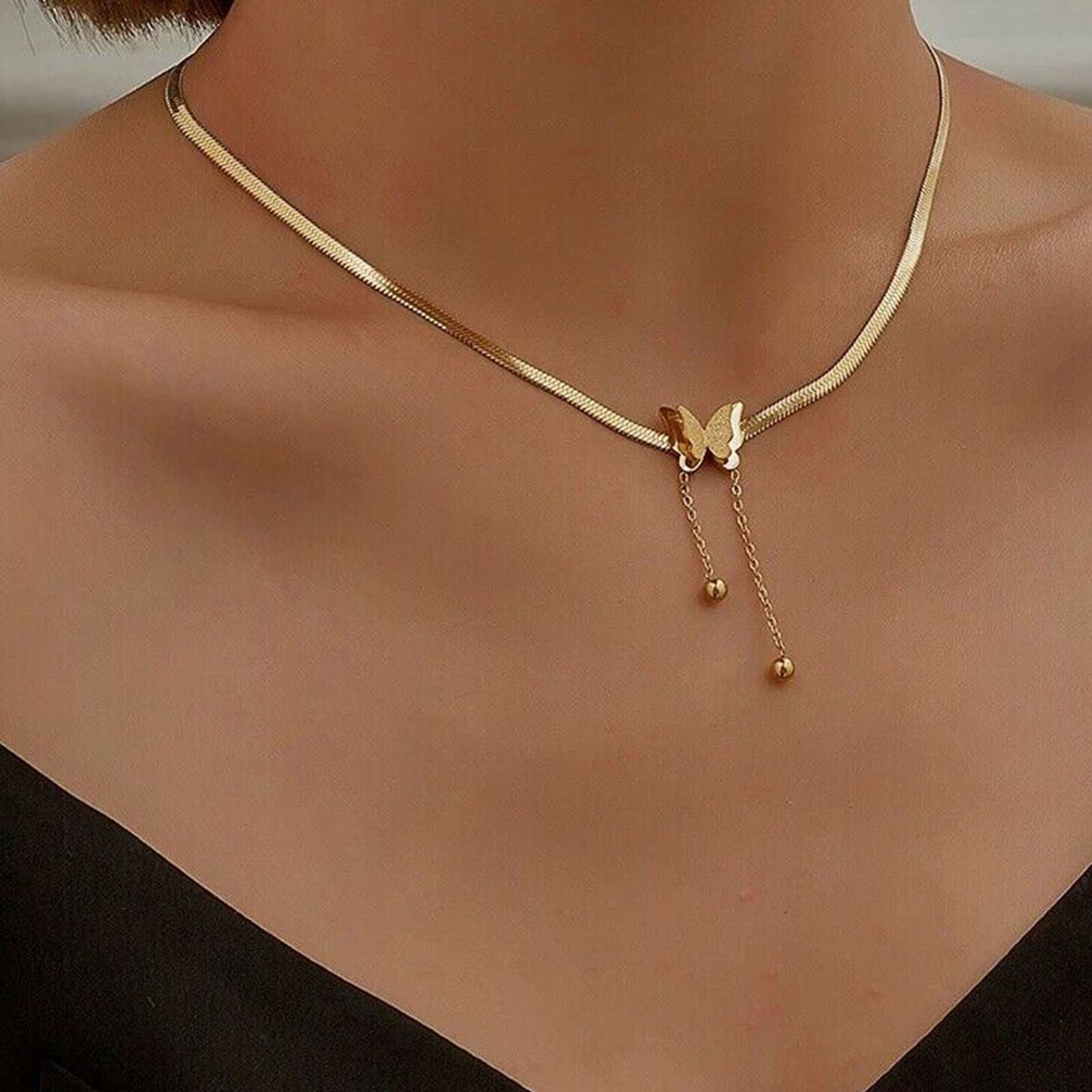 Women Butterfly Pendant Choker Adjustable Chain Charm Stainless Steel Necklace