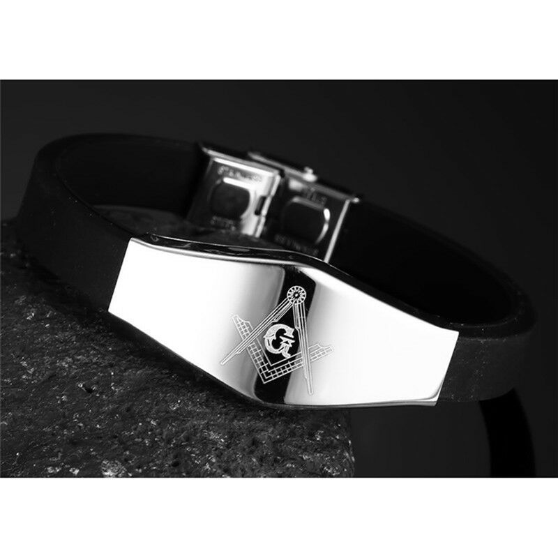 Stainless Steel Black Silicone Masonic Charm Bangle Bracelet Wristband For.l8