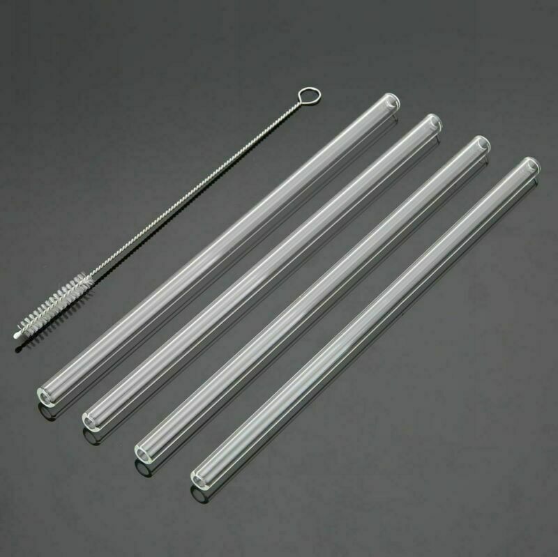 Eco Friendly 4 Pack GLASS Drinking Straws Cleaning Brush Party Use Shake Straw