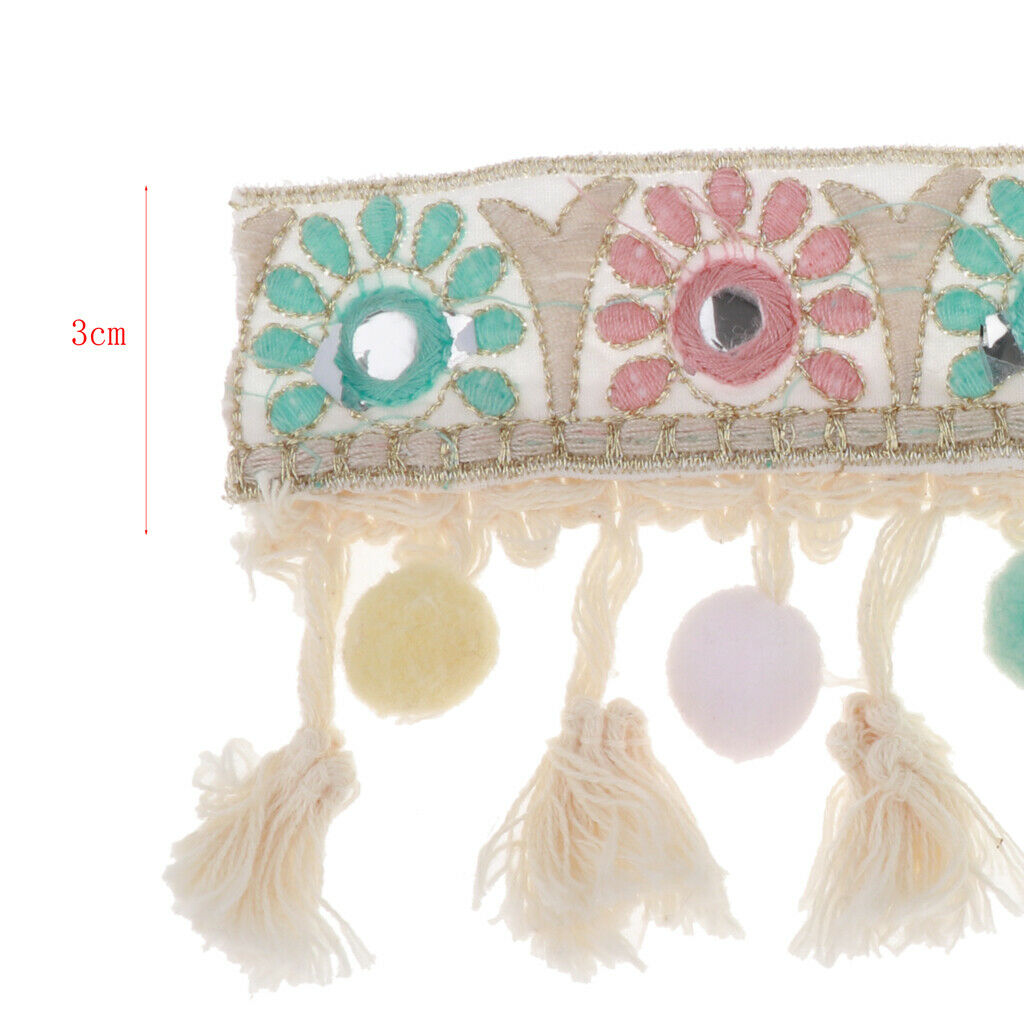 1 Yd Ethnic Style Fringe Tassel Braid Jacquard Ribbon Trim with Pompom Ball