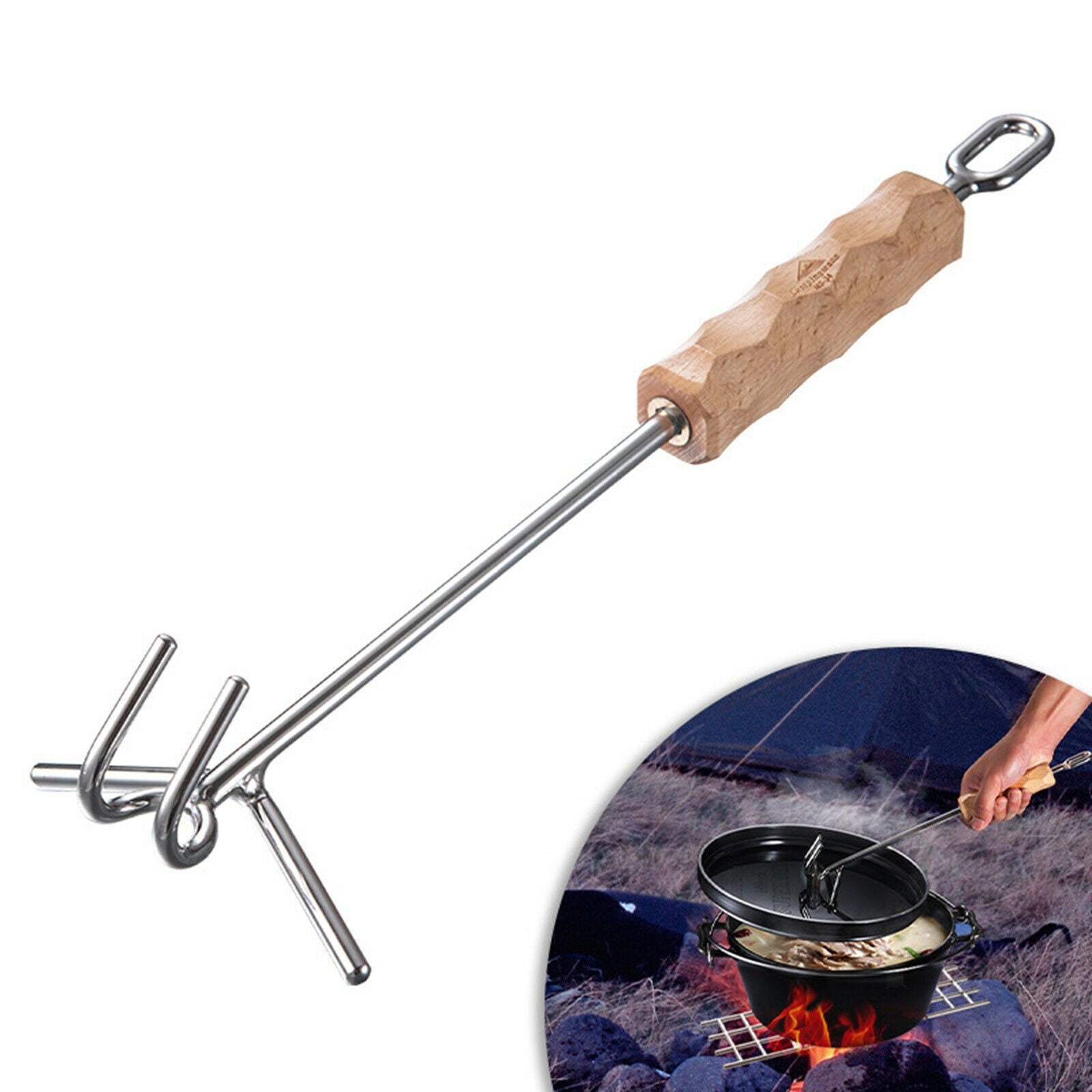 Stainless Steel Camp Oven Lid Lifter Wooden Handle Scratch Resistant 14''