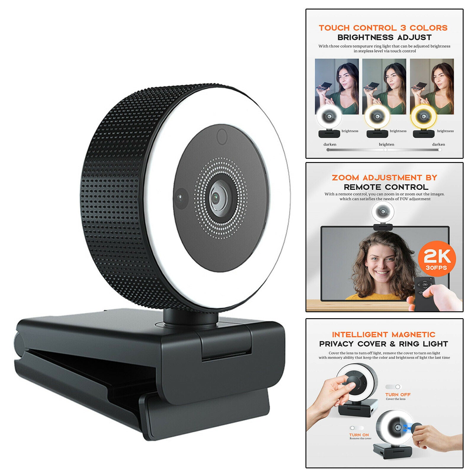Full HD Web Camera Webcam w/Ring Light Mic Computer Camera for Laptop PC