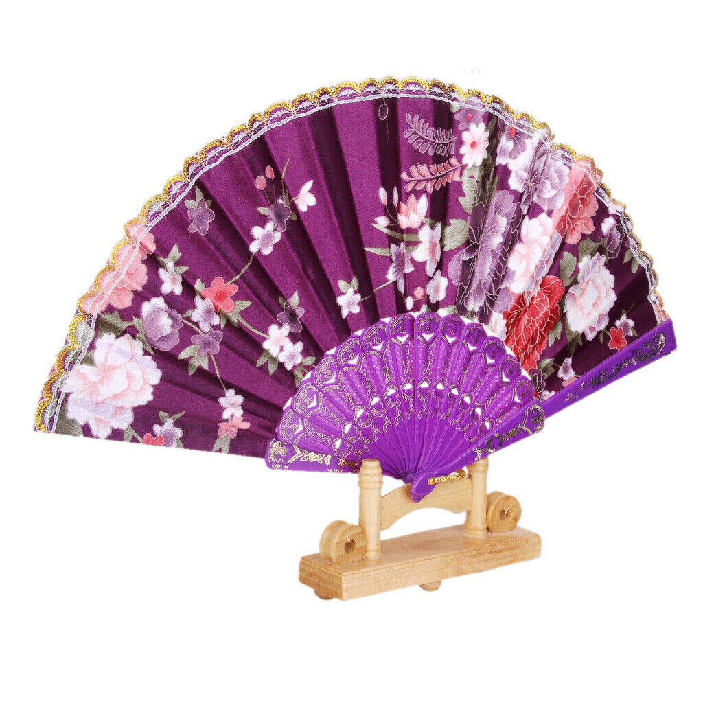 Sweet Style Foldable Folding Floral Print Style Hand Fan Royal Blue &