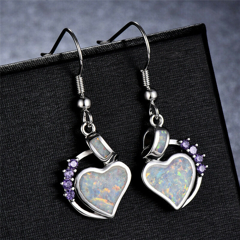 Women White Crystal Simulated Opal Heart Jewelry Hook Drop Dangle Earrings
