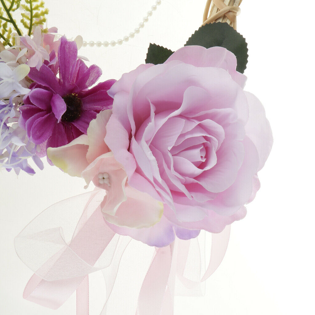 Shabby Chic Rattan Heart Silk Flower Blossom Wreath Door Wall Hanging Home