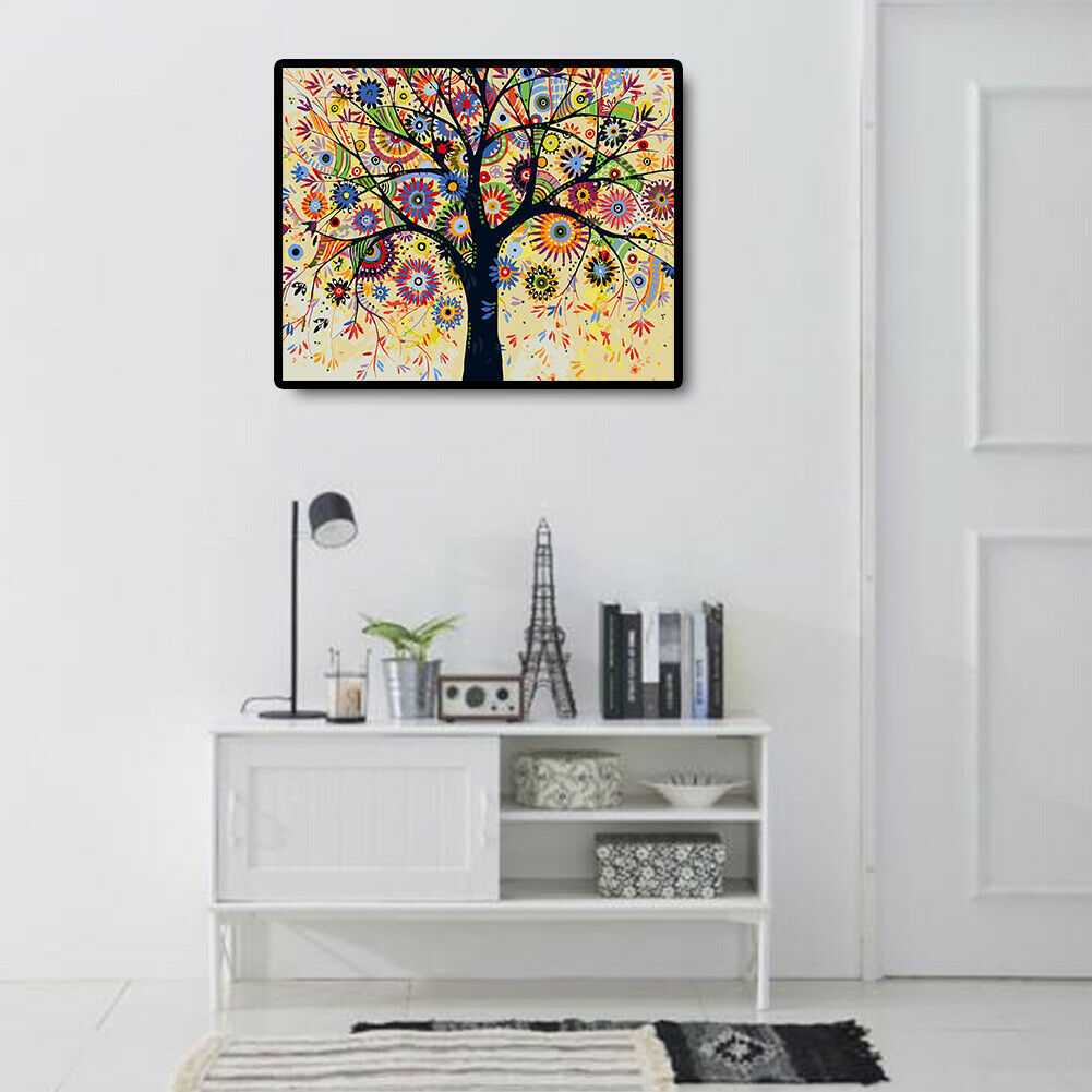 Hand Painted DIY Painting By Numbers Colorful Tree Wall Art Craft Picture @