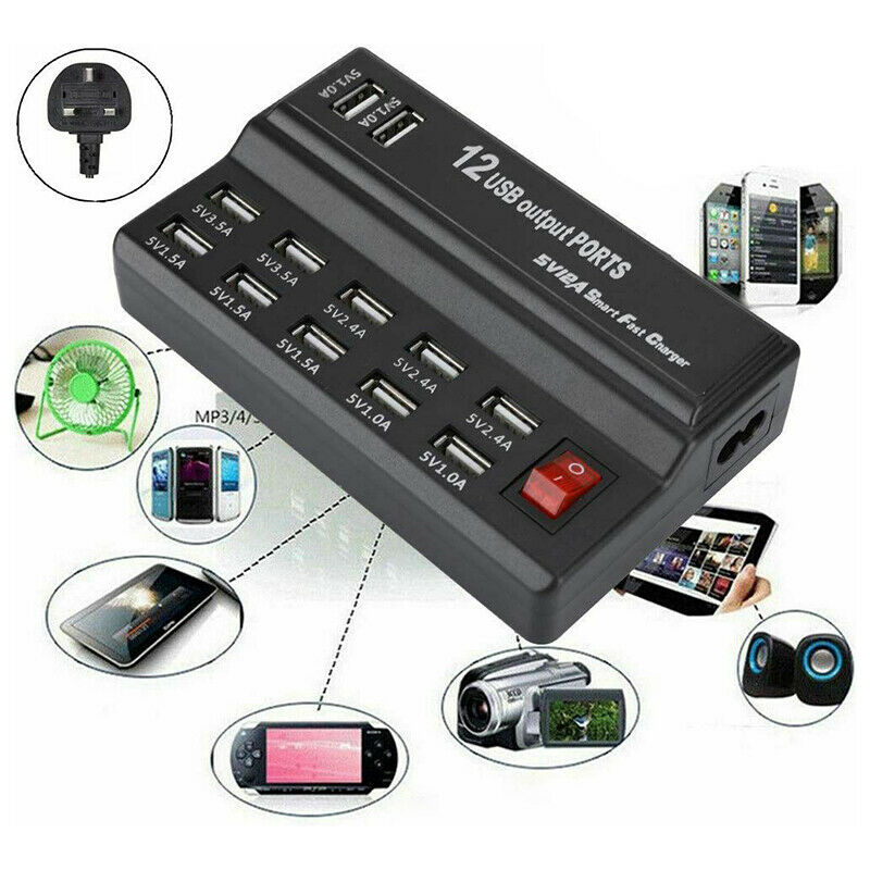Multi 12-Ports USB Phone Charger Socket Fast Charging Station Hub Wall Adapter