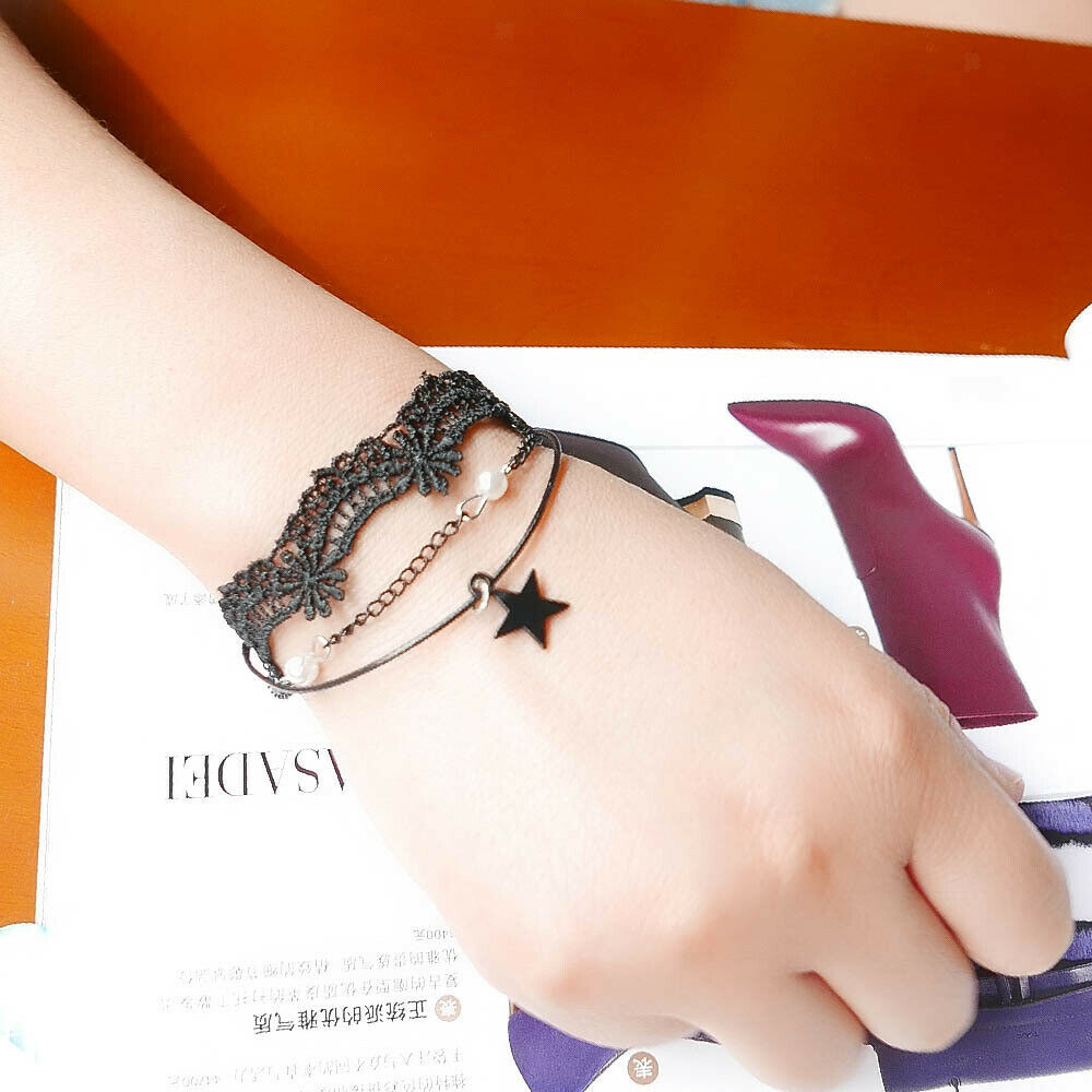 Retro Gothic Multilayer Five Pointed Star Chain Lace Bracelet Womens Jewelry