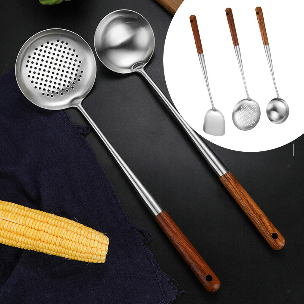 Stainless Steel Wok Spatula Ladle Skimmer Wooden Handle Easy Clean Gift