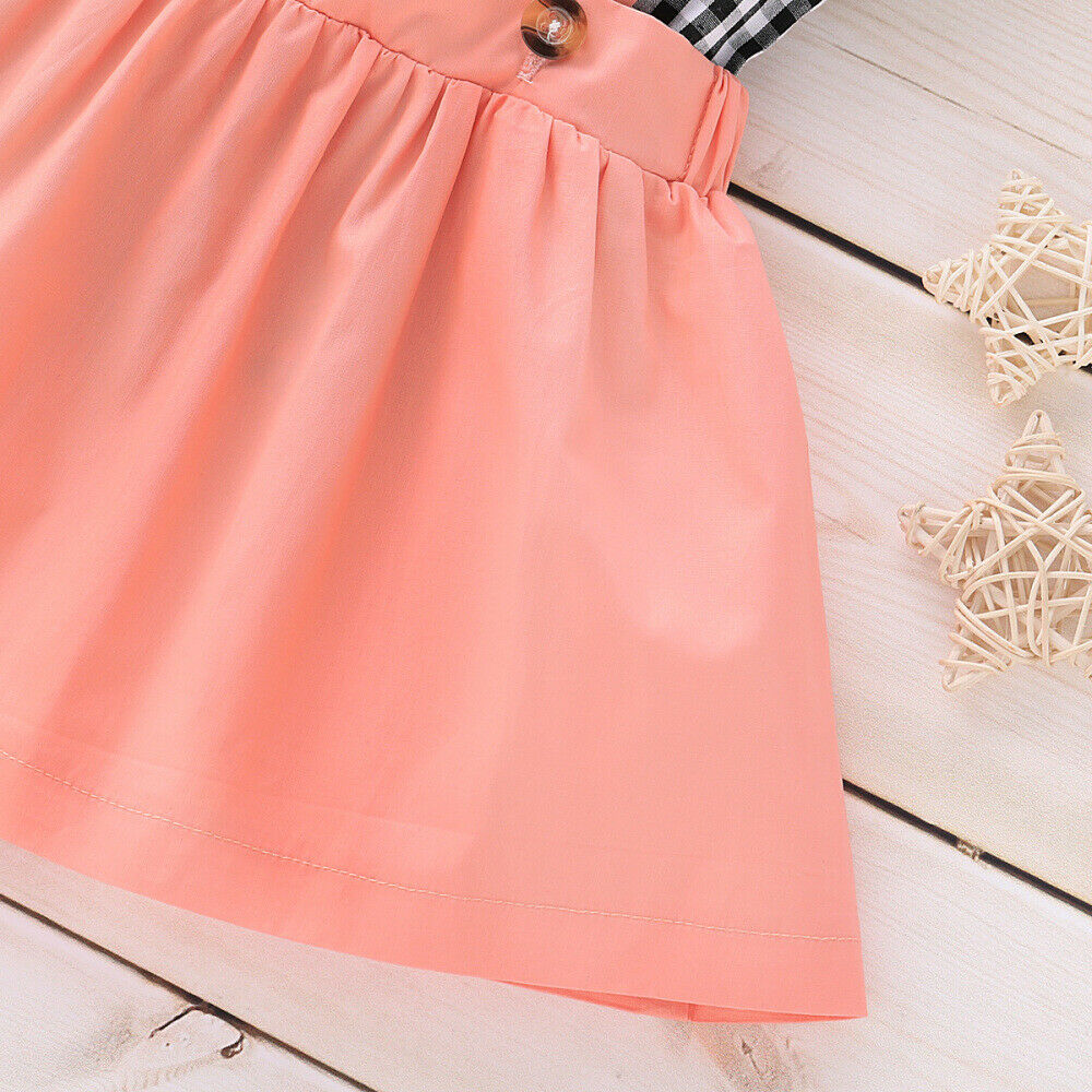 newBaby Girls Suit Plaid Shirt + Suspender Skirt + Headband Summer Clothing Set
