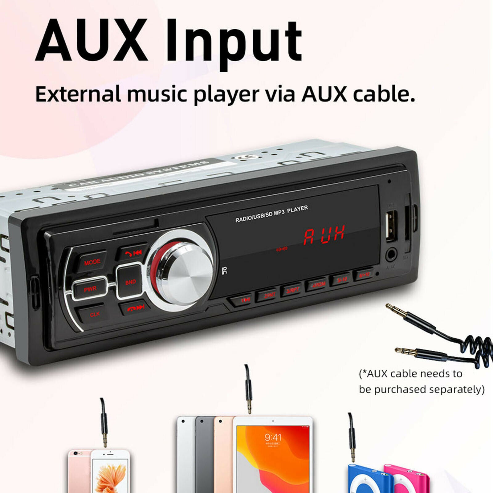 Multimedia Car Stereo Single Din USB Port AUX Input AM/FM Radio Receiver