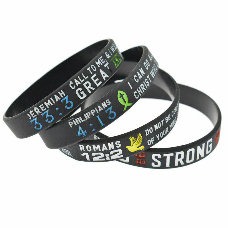 4Pcs Bible Verse Black Silicone Wristband Bracelet Unisex Rubber Bangle Fashion
