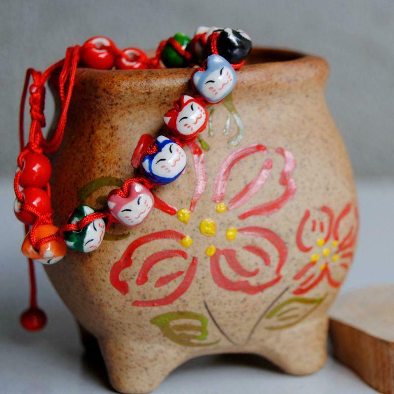 Ceramic Lucky Fortune Cat Charm Beaded Red String Bracelet Lucky Wish Jewelry