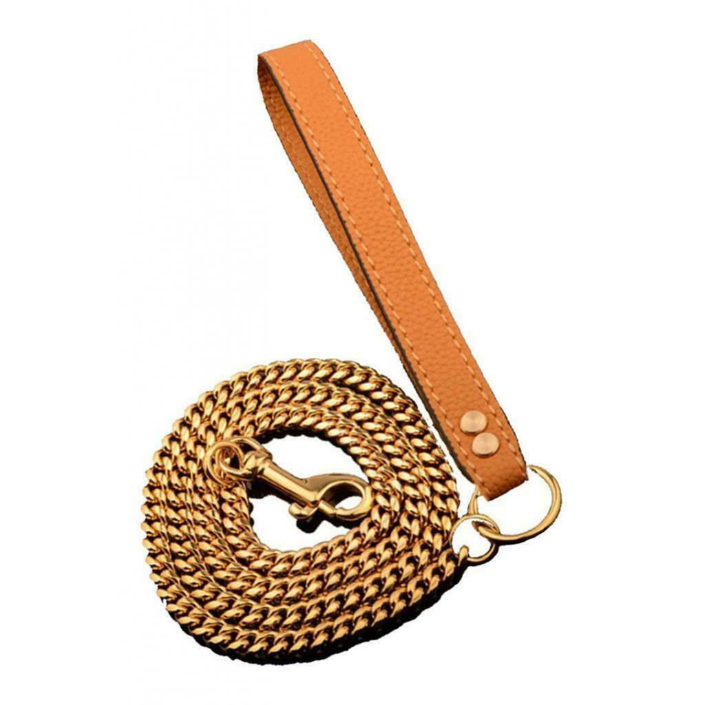 Dog Chain Leash with Leather Handle Dog Walking Leash For Medium Large Dogs