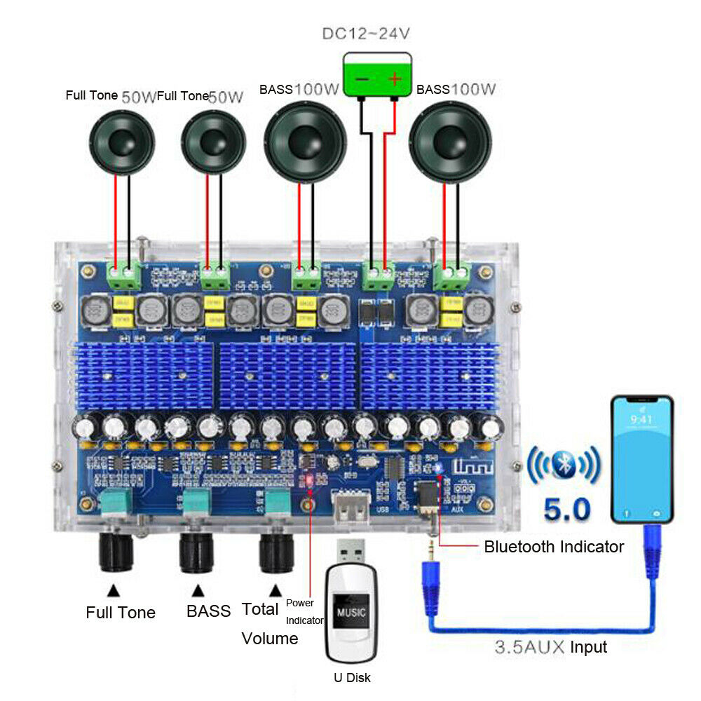 2x50W  2x100W Bluetooth Digital Power Amplifier Board 4 Channel Dual Bass Stereo