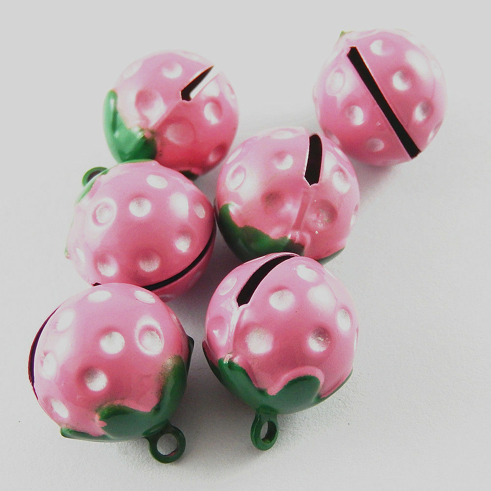 10-pack Pink Strawberry Jingle Bells Brass Pendant Keychain Drop Dangle Charm