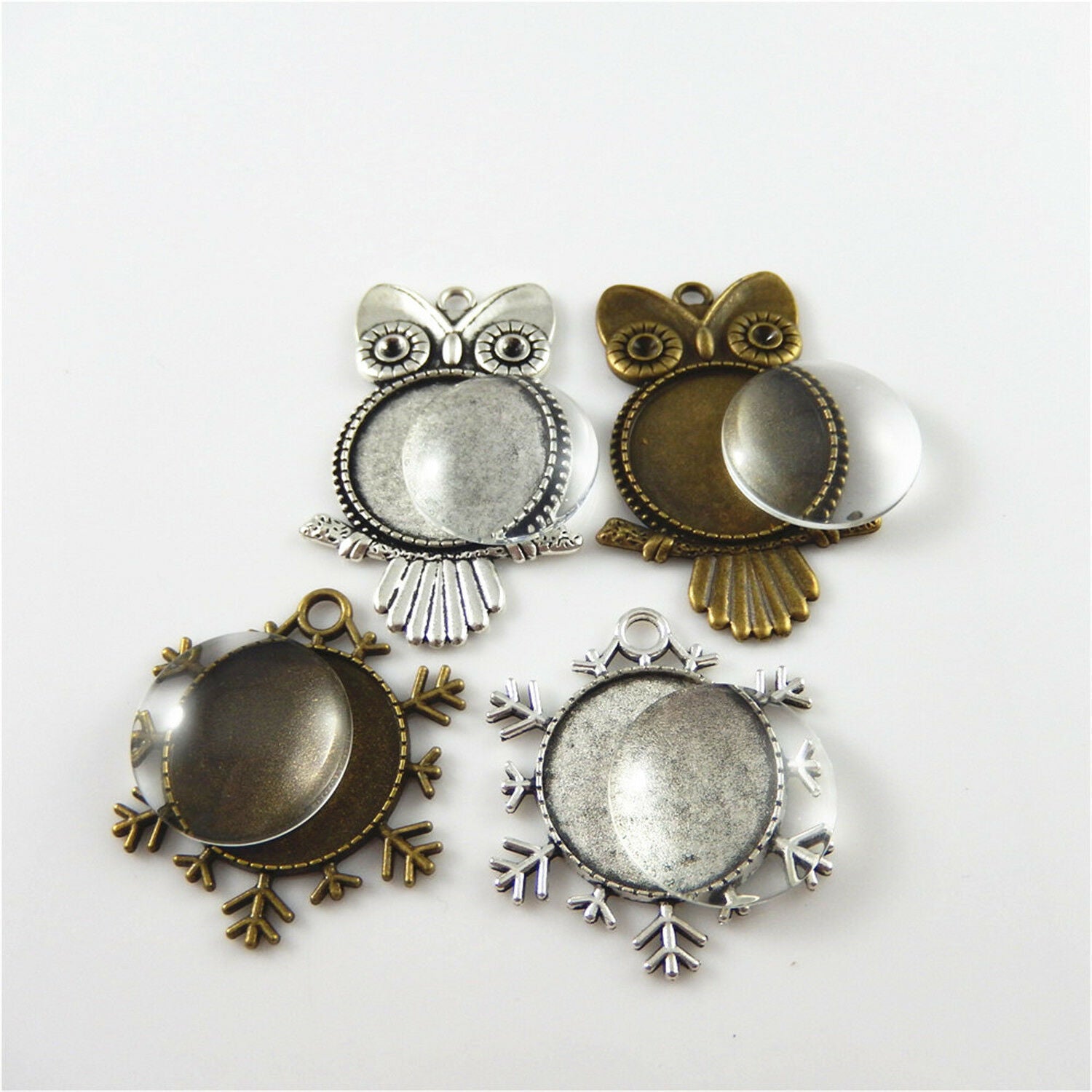4 sets Mixed Owl Snowflake Bezel Frames with 25mm Clear Glass Cabochons Pendants
